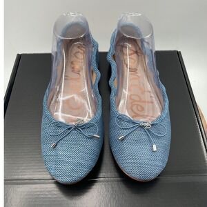 Sam Edelman Felicia Blue Denim Ballet Flats Round Toe Bow Detail Womens